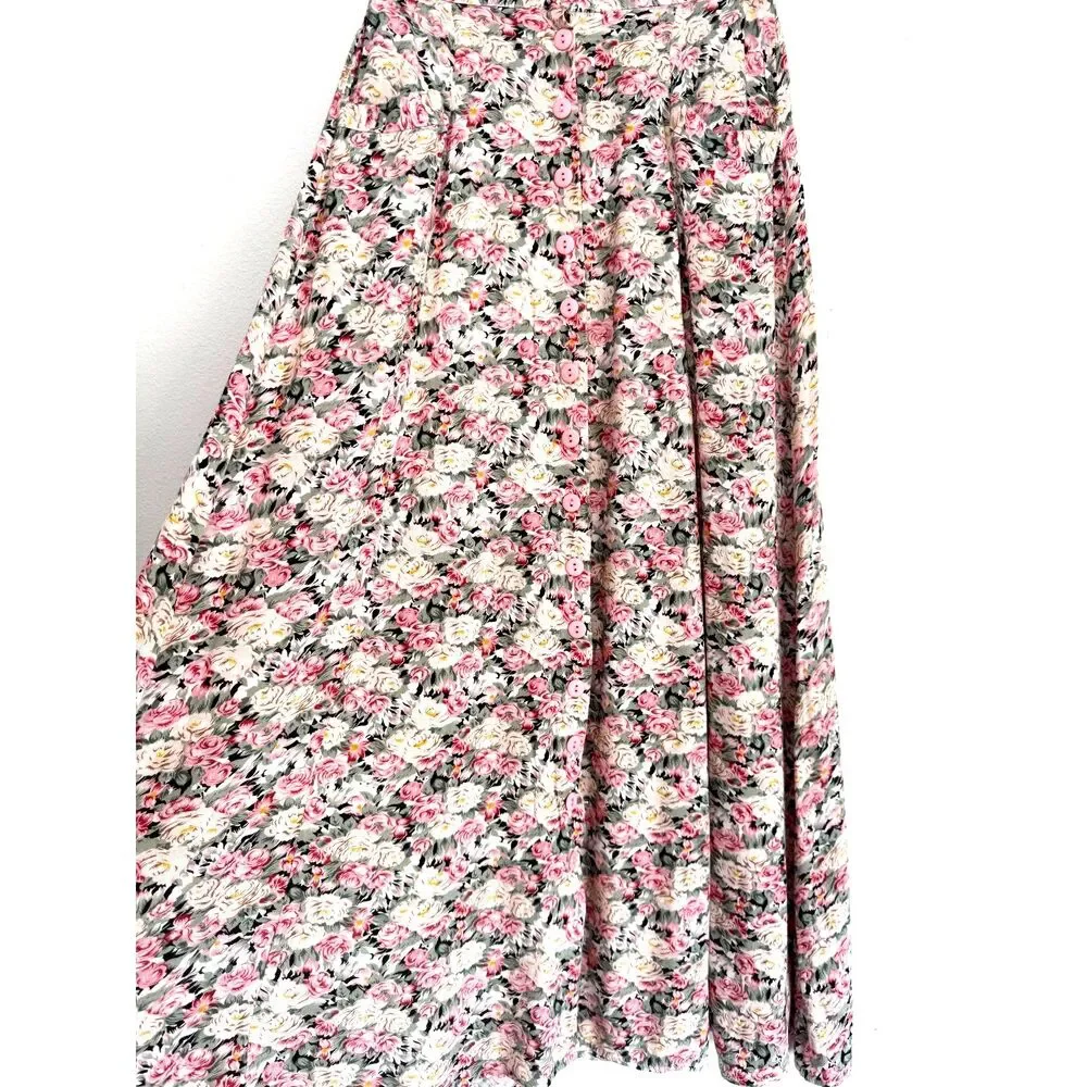 Ferruccio maxi skirt VTG button up ruched pink cottage floral casual women S